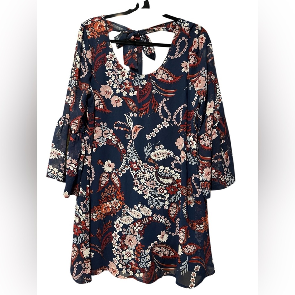 As U Wish Navy and Red Floral Dress with bell sleeves